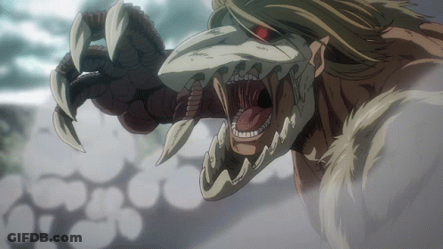 Monster With Red Eyes And Sharp Teeth Coming Out Of Fog GIF