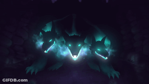 Monster With Three Heads And Glowing Eyes GIF