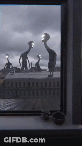 Monsters With Long Necks By Window GIF