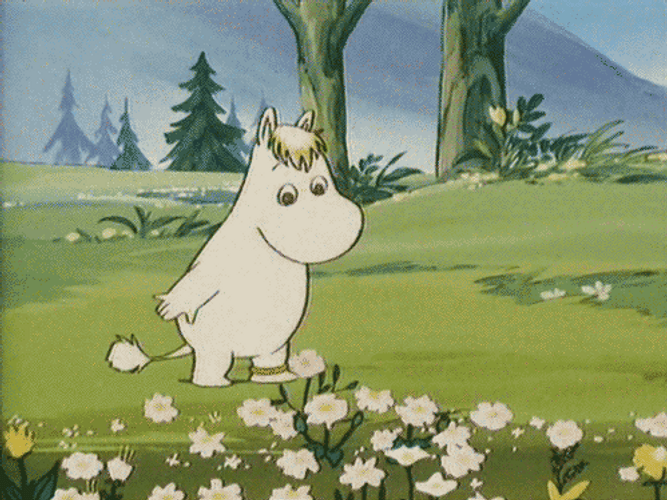 Moomin Cartoon Character Picking Flowers GIF