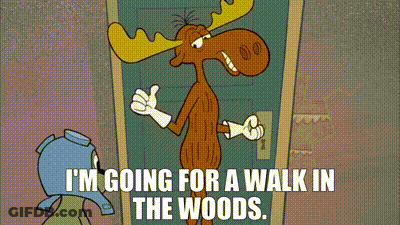 Moose Standing In Front Of Door Saying I'm Going For A Walk In The Woods GIF