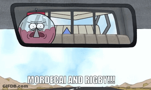 Mordecai And Rigby Are Seen In The Rear View Mirror GIF
