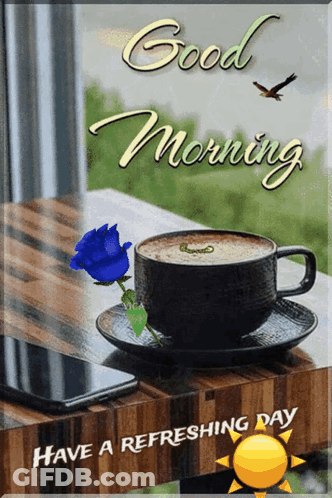 Morning Card With Coffee And Blue Rose GIF