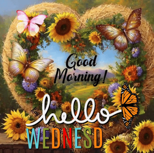 Morning Wednesday Heart Shaped Wreath With Butterflies GIF