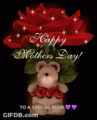Mother's Day Card Teddy Bear Holding Heart And Rose GIF