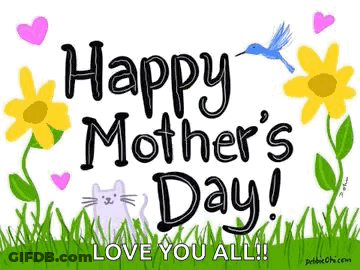 Mother's Day Card With Flowers Hearts Cat Bird GIF