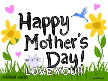 Mother's Day Card With Flowers Hearts Cat Bird GIF