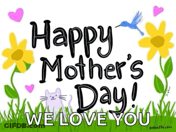 Mother's Day Card With Flowers Hearts Cat Bird GIF
