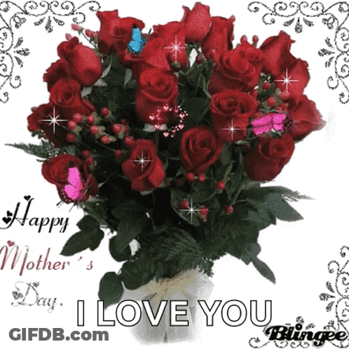 Mother's Day Card With Red Roses And Butterflies GIF