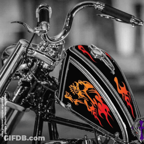 Motorcycle With Skull And Flames On Tank GIF
