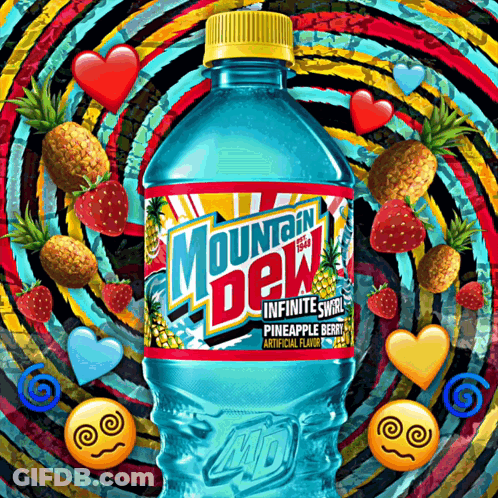 Mountain Dew Pineapple Berry Bottle Surrounded By Pineapples And Strawberries GIF