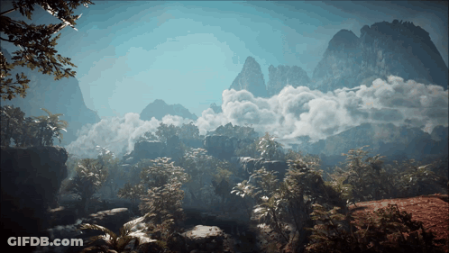 Mountain Landscape With Trees Rocks Clouds GIF