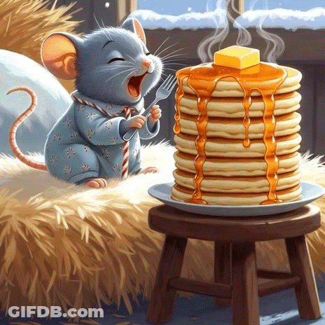 Mouse Eating Pancakes On Stool GIF