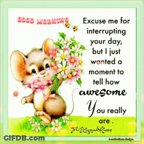 Mouse Holding Bouquet Saying Good Morning GIF
