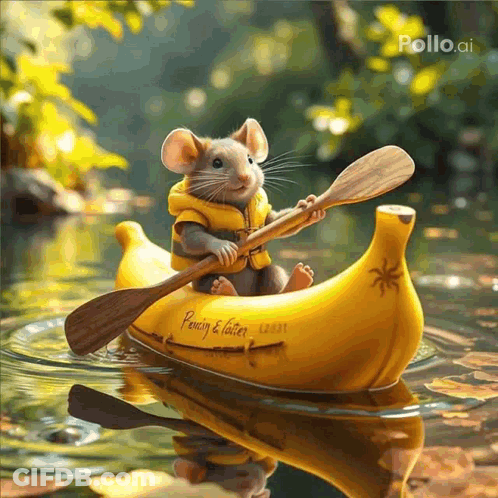 Mouse In Life Jacket Rowing Banana Boat GIF