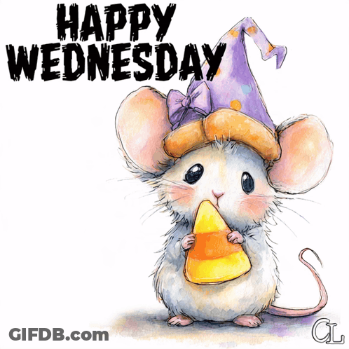 Mouse In Witch Hat Holding Candy Corn Saying Happy Wednesday GIF