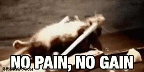 Mouse Lying With Knife In Mouth Saying No Pain No Gain GIF