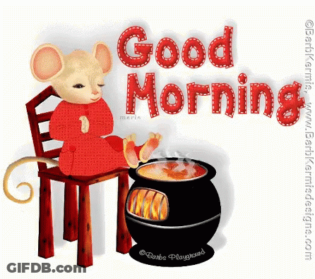 Mouse Sitting On Chair Next To Hot Chocolate Saying Good Morning GIF