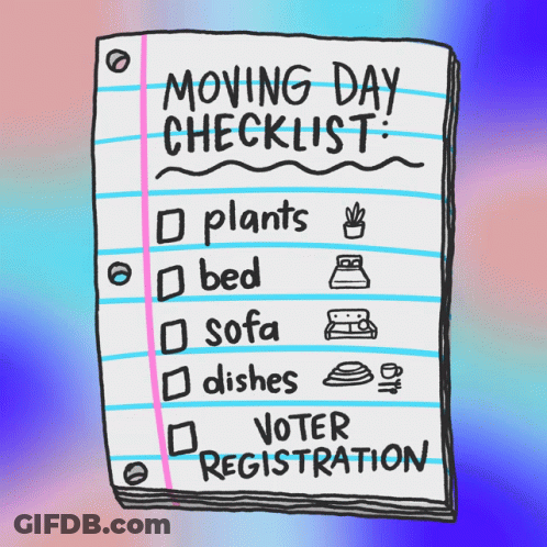 Moving Day Checklist With Plants Bed Sofa Dishes Voter Registration GIF