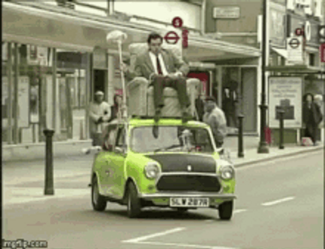 Mr. Bean Funny Car Driving Sofa Mop GIF