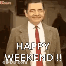 Mr. Bean In Suit And Tie Saying Happy Weekend GIF