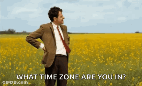 Mr Bean Is Standing In A Field Of Yellow Flowers And Asking What Time Zone Are You In . GIF