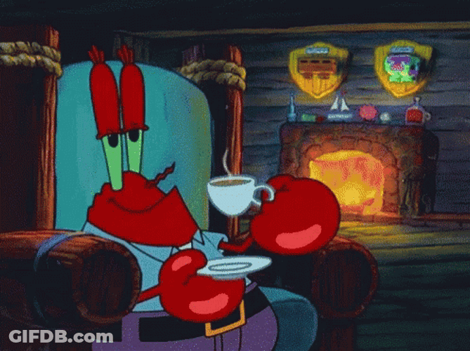 Mr Krabs Drinking Coffee By Fireplace GIF
