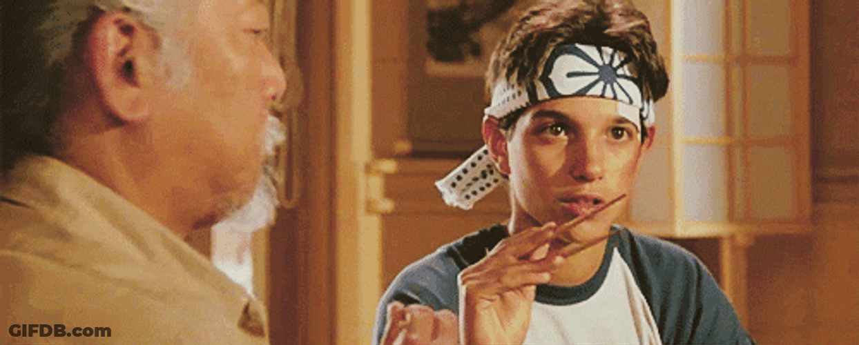 Mr Miyagi Ralph Macchio Chopsticks GIF