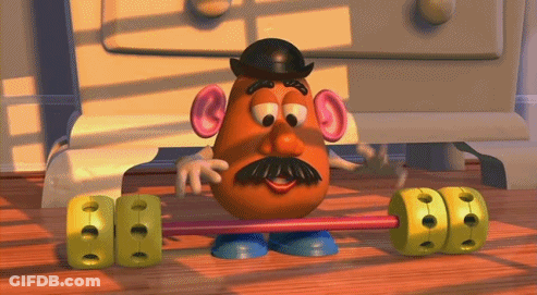 Mr Potato Head From Toy Story Is Holding A Barbell In His Hands GIF