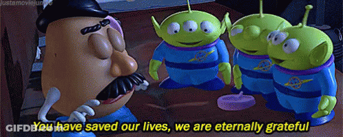 Mr. Potato Head Is Talking To Three Toy Story Aliens And Says You Have Saved Our Lives We Are Eternally Grateful GIF