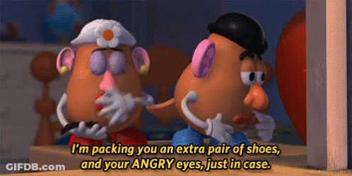 Mr. Potato Head Packing Shoes And Angry Eyes GIF