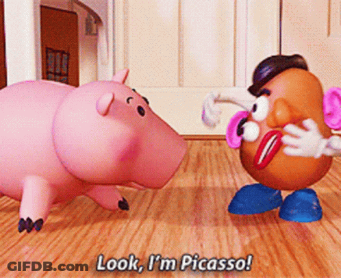 Mr Potato Head Saying Look I'm Picasso Next To A Pig GIF