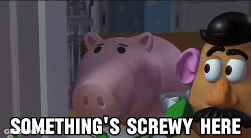 Mr Potato Head Says Something 'S Screwy Here In Front Of A Piggy Bank GIF
