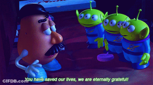 Mr Potato Head Says " You Have Saved Our Lives We Are Eternally Grateful " To The Aliens GIF