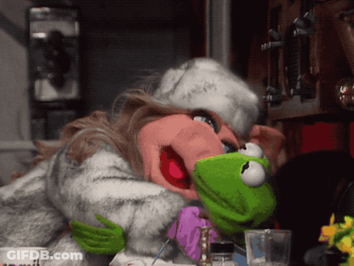 Mrs. Piggy And Kermit From The Muppet Show Are Hugging Each Other GIF