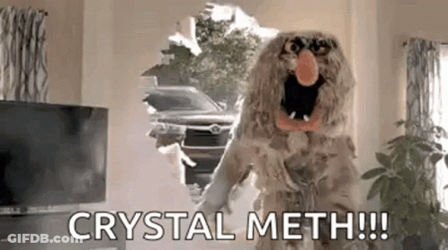 Muppet Standing In Living Room With Car Saying Crystal Meth GIF