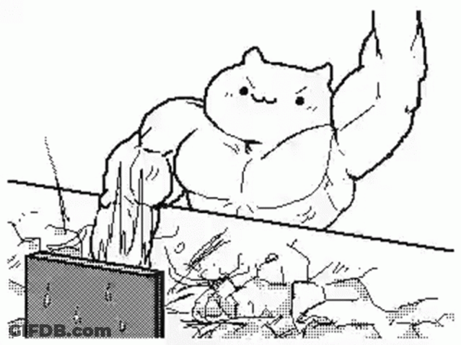 Muscled Bongo Cat Destroying Table GIF