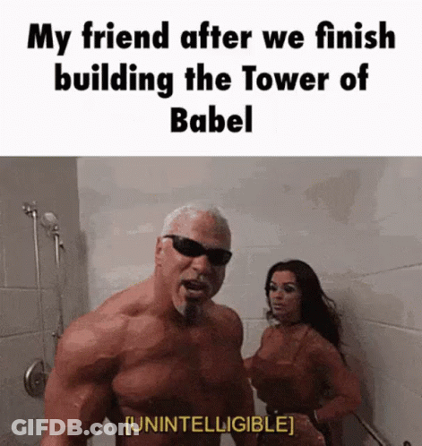 Muscular Man And Woman Building Babel Tower GIF