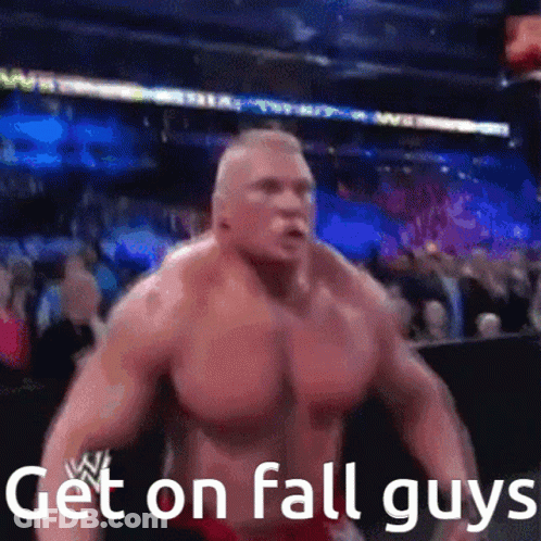 Muscular Man Before Crowd Saying Get On Fall Guys GIF
