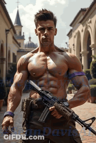 Muscular Man Holding Gun At Davis Building GIF