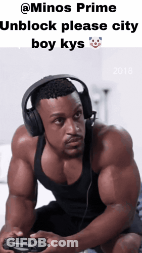 Muscular Man Wearing Headphones Playing Video Game Caption Minos Prime Unblock Please City Boy GIF