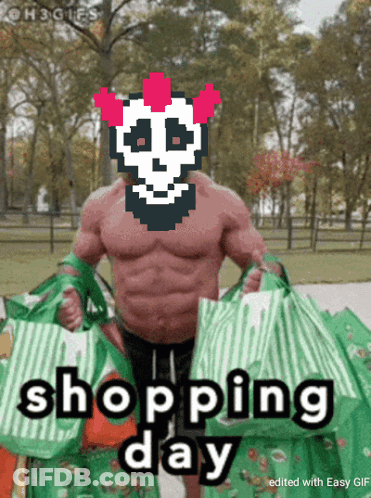 Muscular Man With Skull Face Holding Shopping Bags GIF