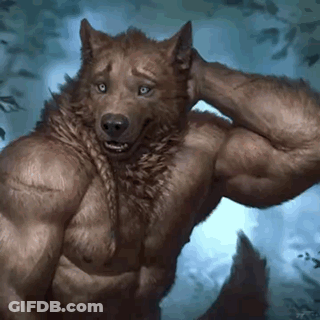 Muscular Werewolf In Woods With Hand On Head GIF