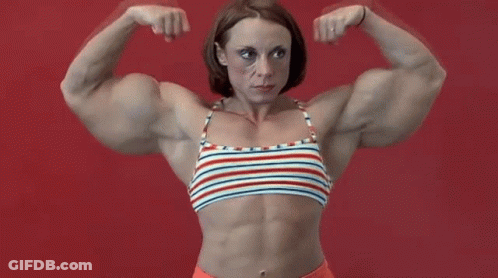 Muscular Woman In Striped Top Flexing Against Red Background GIF