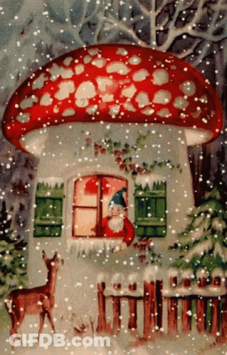 Mushroom House With Santa Claus And Deer In Snow GIF