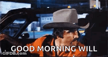 Mustached Cowboy Driving Car Good Morning Will GIF