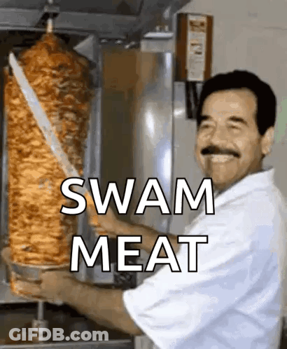 Mustached Man Holding Large Meat At Grill GIF