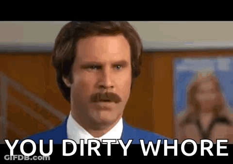 Mustached Man Standing By Sign You Dirty Whore GIF
