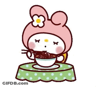 My Melody Is Sitting At A Table Eating Noodles With Chopsticks From A Cup . GIF