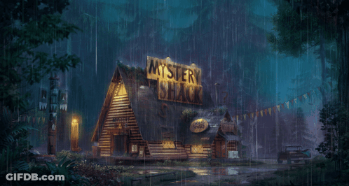 Mystery Shack Lit Up In Rain At Night GIF